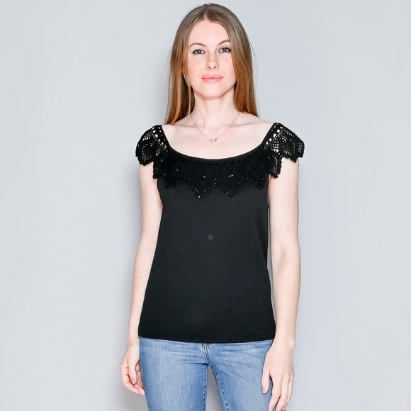 707. ESCADA Knit Black Top with Beaded Crochet Neckline Sz 42 - Picture 1 of 6